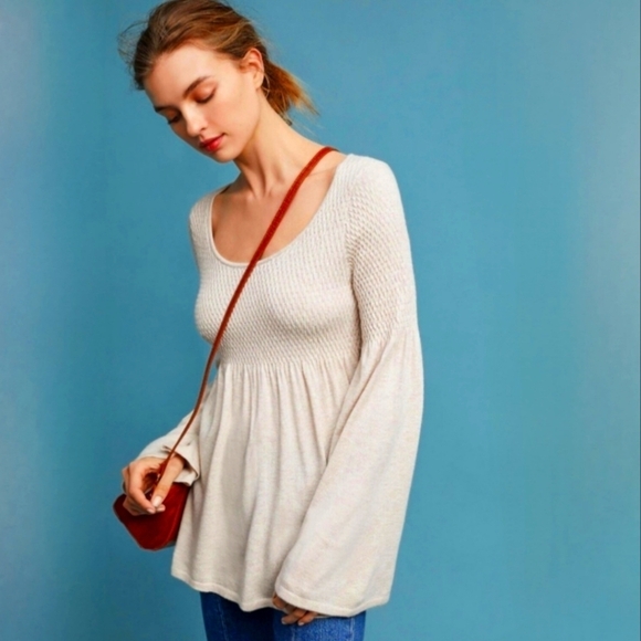 Anthropologie Knitted & Knotted Beige Esme Bell Sleeve Smocked Sweater S - Picture 1 of 5